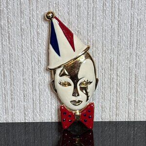 Vintage Pierrot Clown Brooch Enameled Gold Tone Harlequin Mime Pin 80s Unsigned